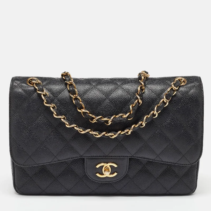 Chanel Black Caviar Quilted Leather Jumbo Classic Double Flap Bag