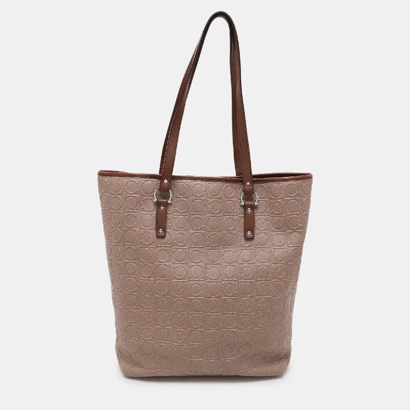 Salvatore Ferragamo Beige Monogram Leather Tote