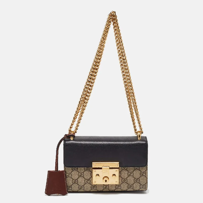 Gucci Beige/black Gg Supreme Canvas And Leather Padlock Small Shoulder Bag