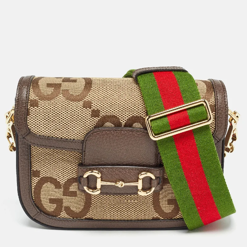 Gucci Beige/brown Gg Canvas Leather Horsebit 1955 Crossbody Bag