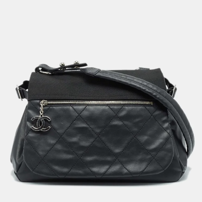 Chanel Black Quilted Coated Canvas Paris Biarritz Messenger Flap Bag