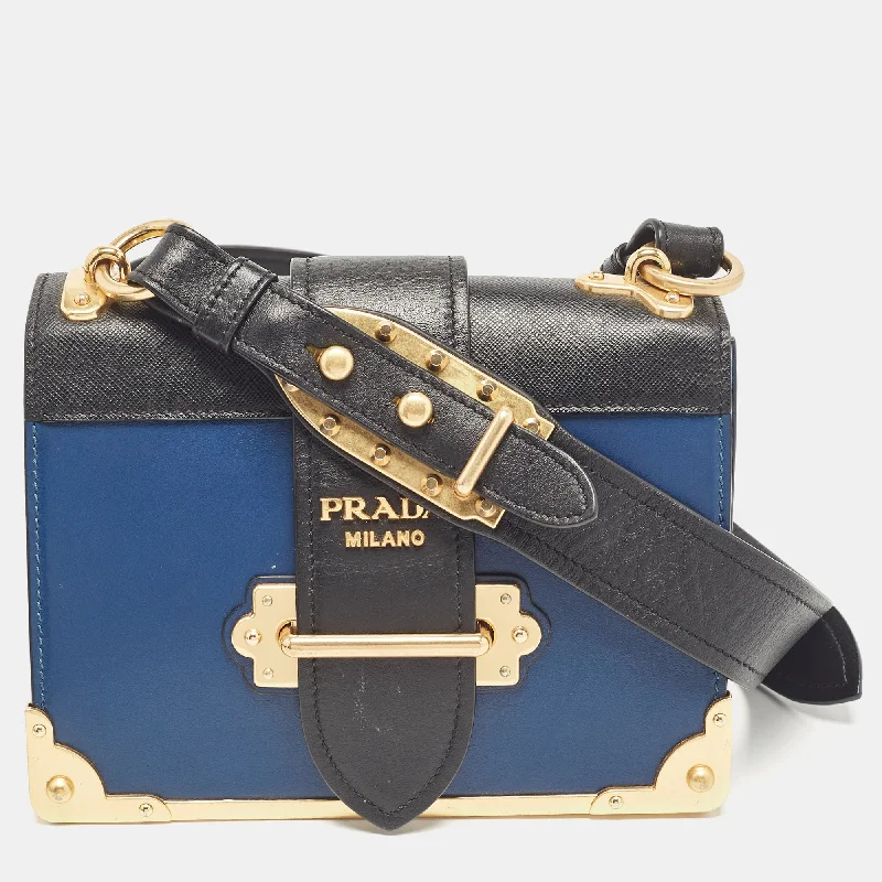 Prada Blue/black Saffiano Leather Cahier Flap Shoulder Bag..