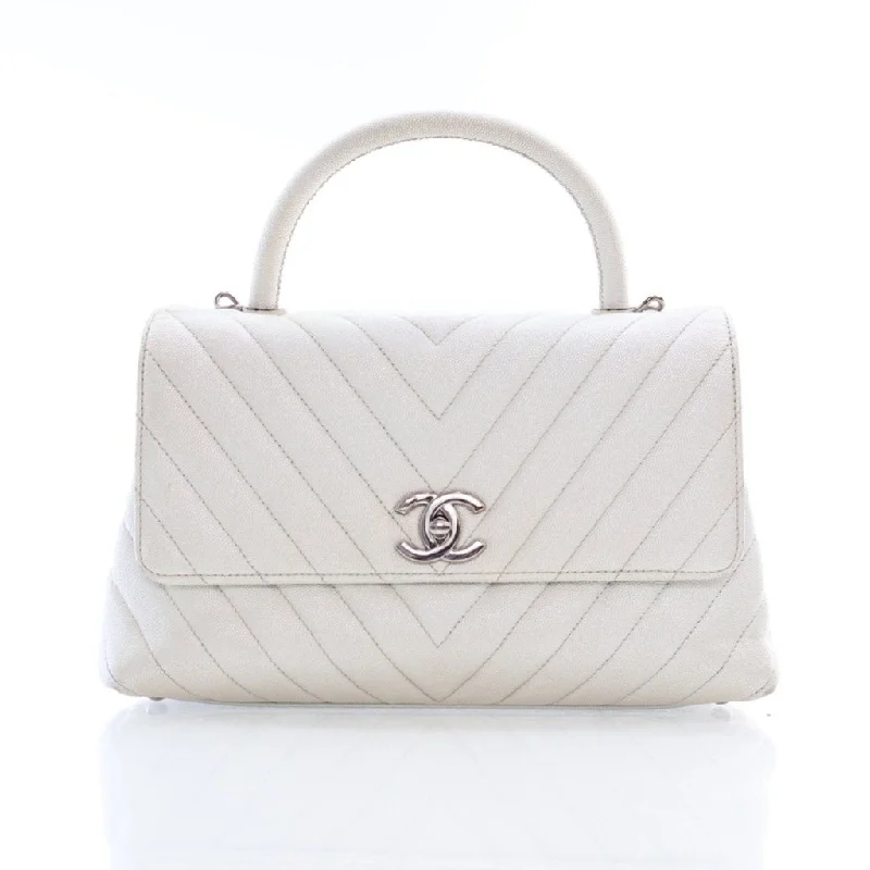 Chanel Chevron Coco Handle Medium White Caviar