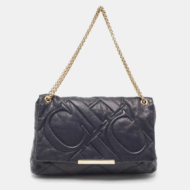 Carolina Herrera Navy Blue Logo Embossed Leather Metal Flap Shoulder Bag