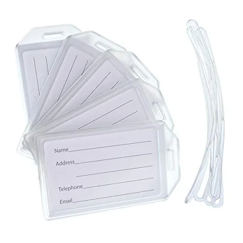 5 Pack - Premium Rigid Airline Luggage Tag Holders with 6" Worm Loops - Heavy Duty Hard Plastic -Suitcase ID Tag Identifiers with Business Card Insert Window by Specialist ID (Translucent/Clear)