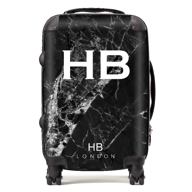 Personalised Black Cracked Marble Initial Suitcase