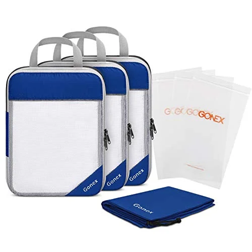 Gonex Compression Packing Cubes Set, Travel Suitcase Luggage Organizer 3pcs+ Shoe Bag+ 4 Zip Bags Deep blue