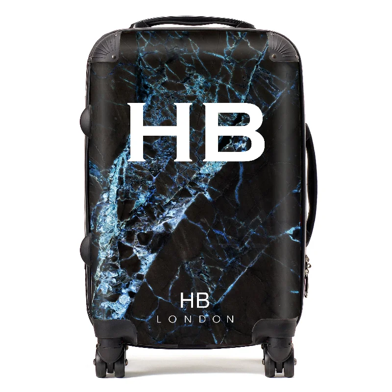 Personalised Black and Blue Cracked Marble Initial Suitcase