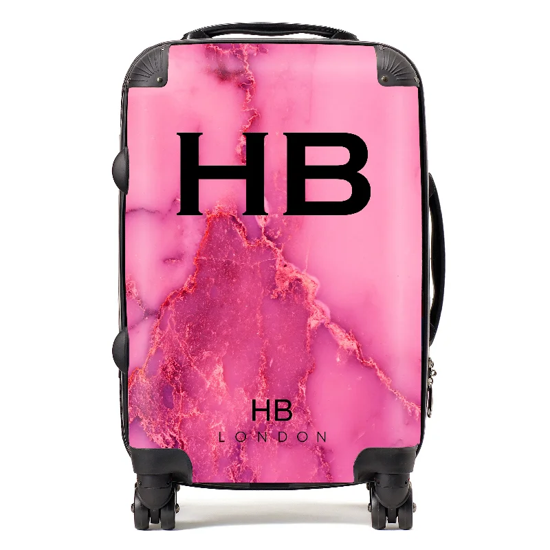 Personalised Pink Natural Marble with Black Font Initial Suitcase