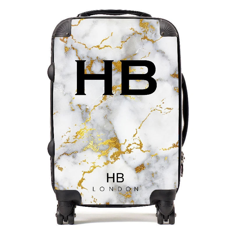 Personalised White and Gold Foil Marble Initial Suitcase