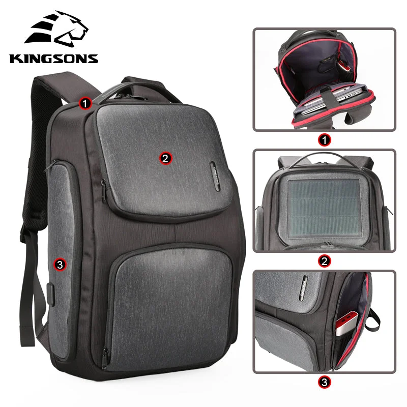 Kingsons Upgraded Solar Backpack Fast Usb Charging Kanpsack 15.6 Inches Laptop Backpacks Male Women