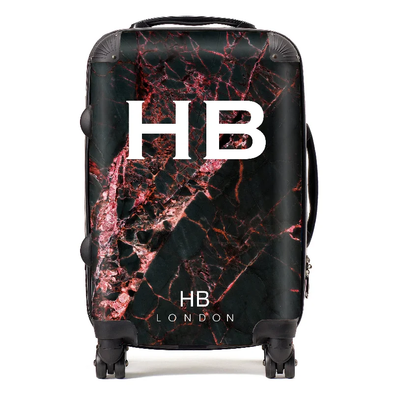 Personalised Black and Red Cracked Marble Initial Suitcase