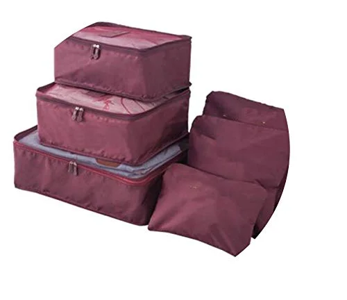 6pcs/set Packing Cube Double Zipper Waterproof Bag Luggage Clothes Sorting Pouch Portable Organizer,wine red