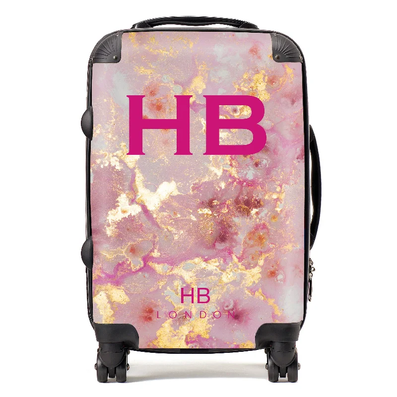 Personalised Pink and Gold Marble with Pink Font Initial Suitcase