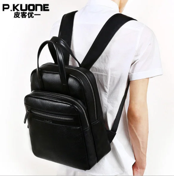 P.Kuone Men Genuine Leather Multi-Function Backpack Men'S Hand Bag Man Shoulder Bags Male Large