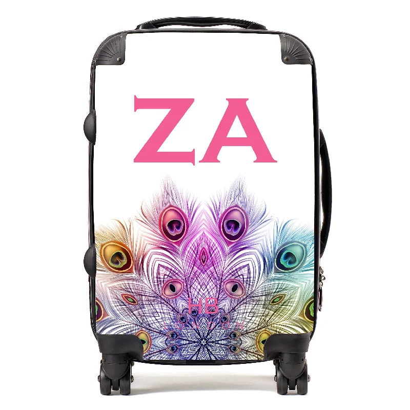 Personalised Peacock Mandala with Pink Font Initial Suitcase