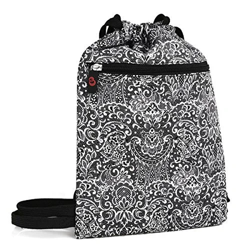 Black Paisley Printed Drawstring Backpack Bag Cute Cool Travel Backpack Boho Gypsy Festival Printed