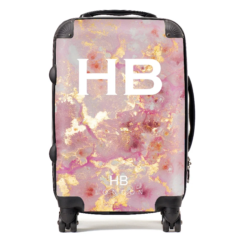 Personalised Pink and Gold Marble with White Font Initial Suitcase