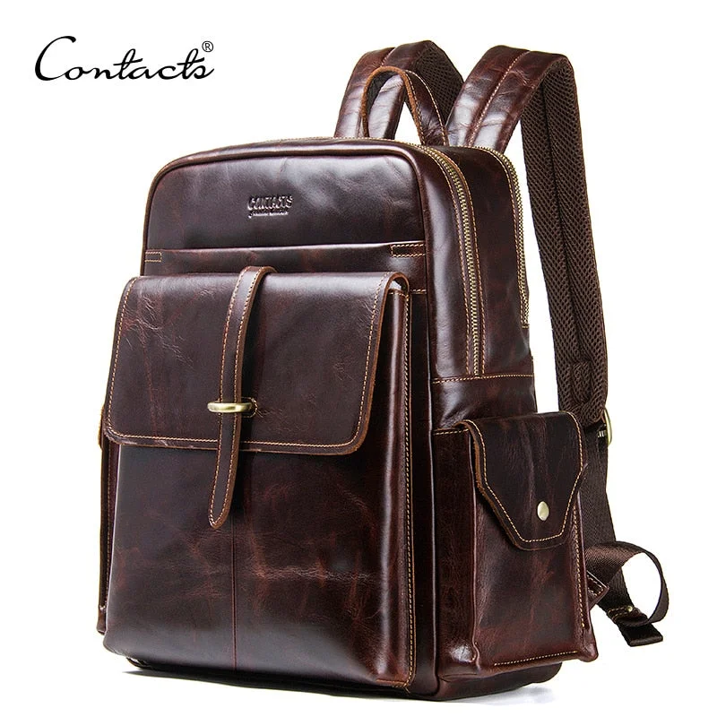 Contact'S Genuine Leather Men'S Backpack For 13.3'' Laptop Vintage Bags Crazy Horse Leather Male