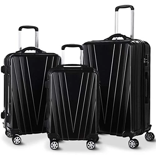 GHP 3-Pcs 20" 24" & 28" Black Travel Trolley Suitcases Luggage Set Telescoping Handle