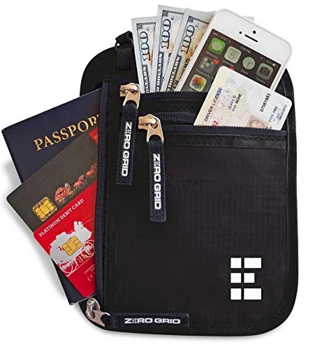 Zero Grid Neck Wallet w/RFID Blocking- Concealed Travel Pouch & Passport Holder (Midnight)