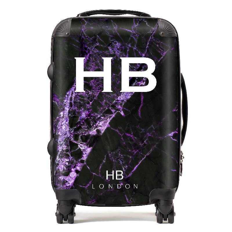 Personalised Black and Purple Cracked Marble Initial Suitcase