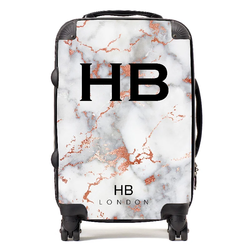 Personalised White and Rose Gold Foil Marble Initial Suitcase