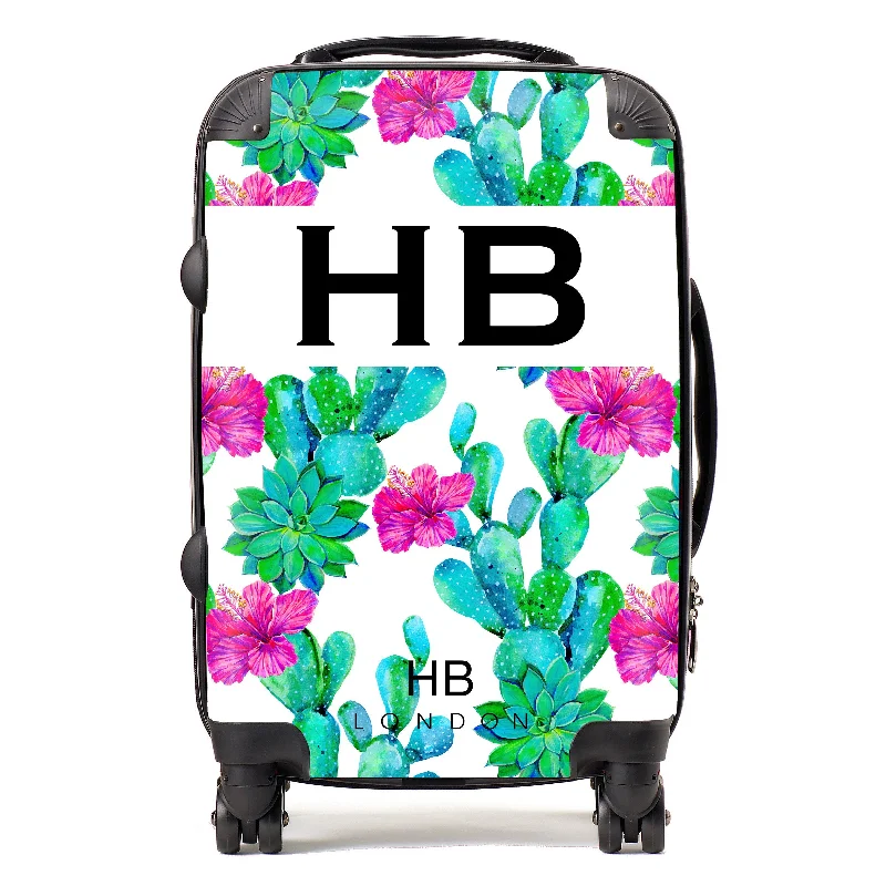 Personalised Cactus and Hibiscus Print Initial Suitcase