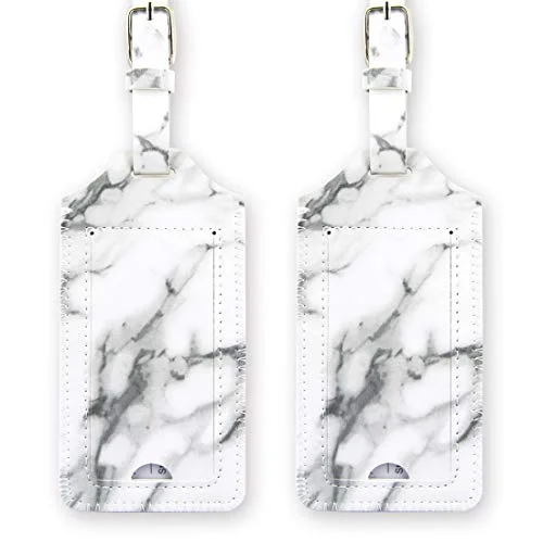 kandouren Luggage Tags 2 Pieces Set,White Marble PU Leather travel bag tags for cruise ships,for men and women