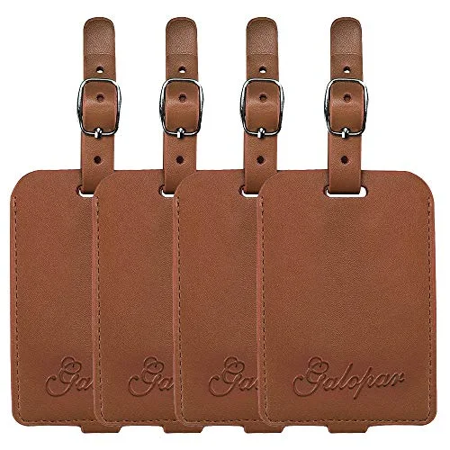 Galopar PU Leather Luggage Tags Handbag Suitcase ID Labels Travel Accessories Tag ID (Khaki 4 Pack)