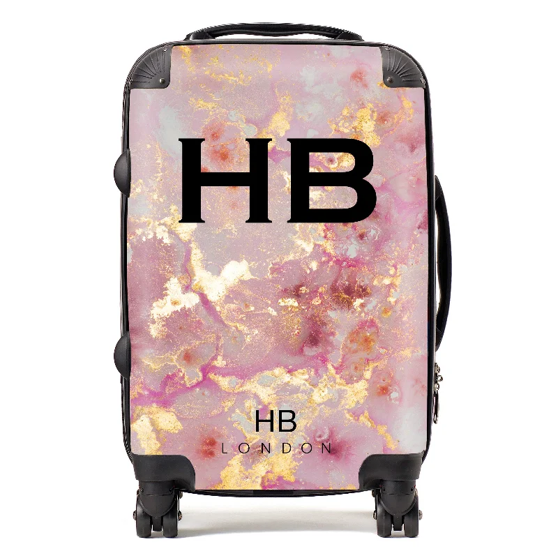 Personalised Pink and Gold Marble with Black Font Initial Suitcase