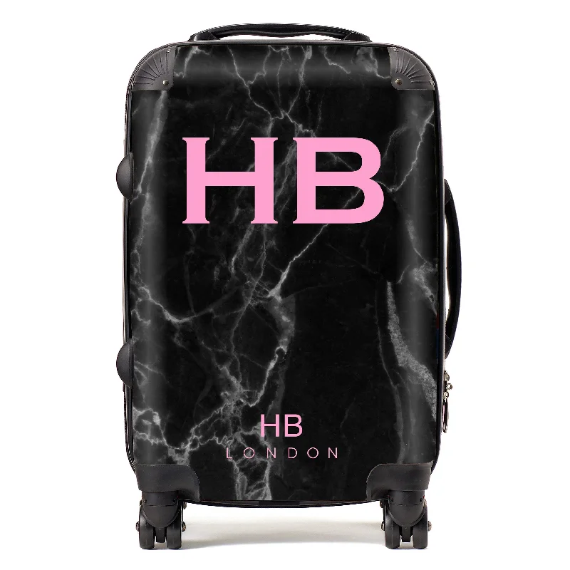 Personalised Black Marble with Pink Font Initial Suitcase