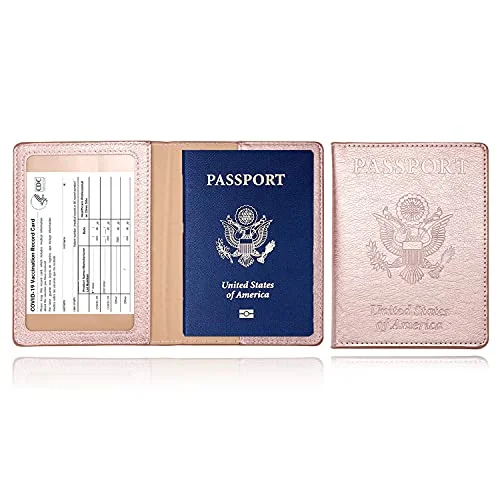 SAM & LORI Vaccine Card Protector Holder with Passport Holder Case, PU Leather Wallets Passport Cover and CDC Vaccine Card Slot Combo Rose gold