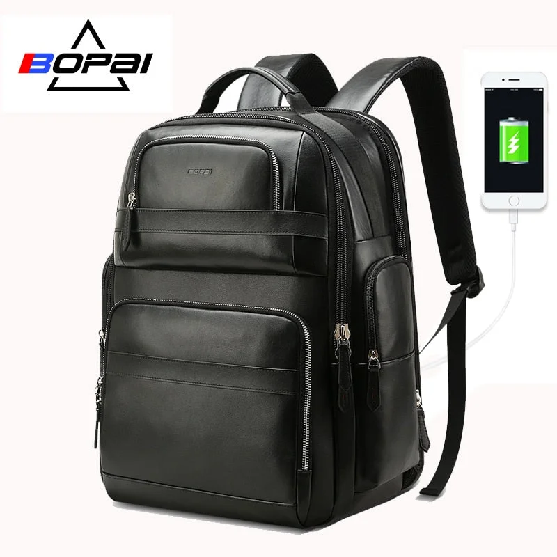 Bopai Genuine Leather Backpack Multifunction Usb Charge Anti Theft Laptop Bag 15.6 Inch Mens Laptop