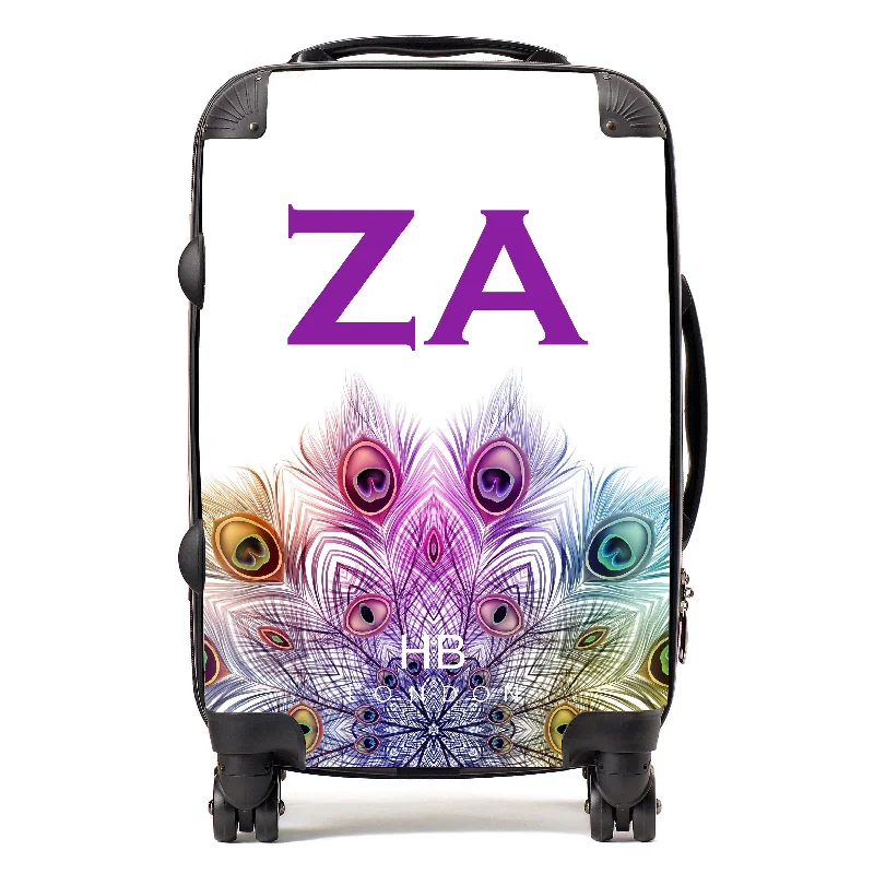 Personalised Peacock Mandala with Purple Font Initial Suitcase