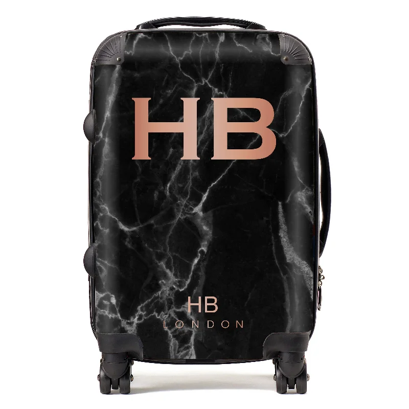 Personalised Black Marble with Rose Gold Font Initial Suitcase