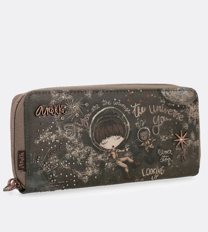 Elegant universe wallet with a wrist strap and a printed design