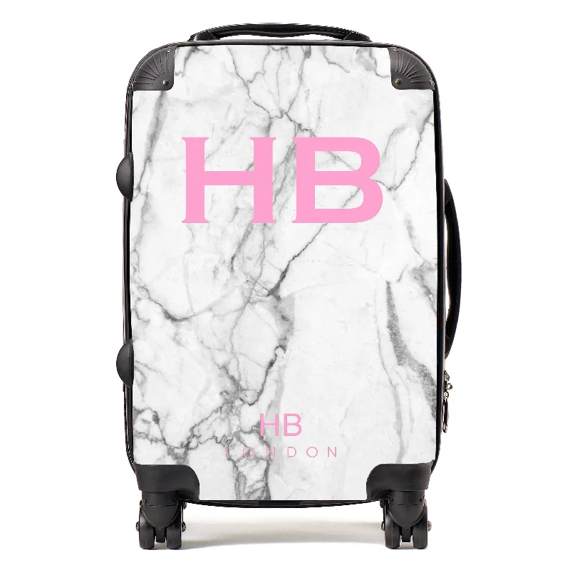 Personalised White Marble with Pink Font Initial Suitcase