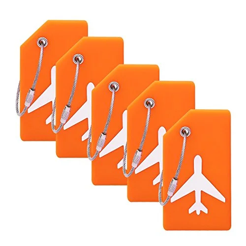 Silicone Luggage Tag With Name ID Card Perfect to Quickly Spot Luggage Suitcase (Plane 5Pcs Orange)