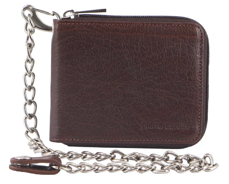 Pierre Cardin PC3273 Rustic Leather Mens Zip Around Wallet with Chain - Black